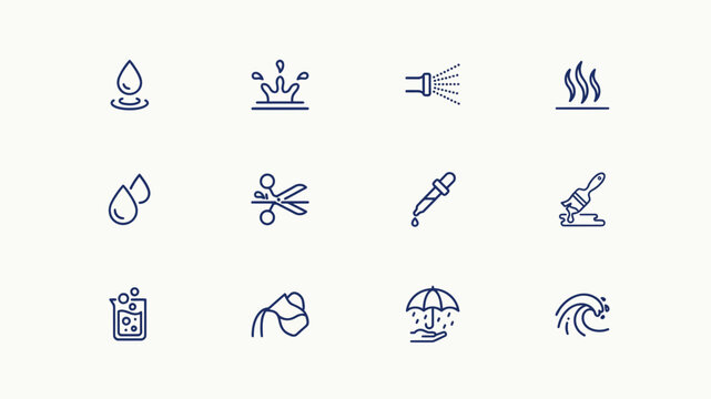 A collection of line style icons depicting water droplets steam scissors and weather elements droplet waterdrop condensation steam vapor