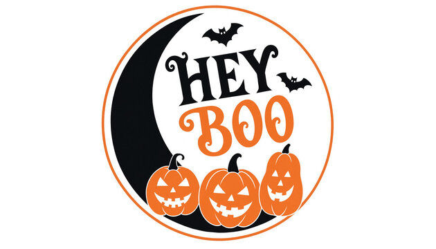 Hey boo halloween badge graphic featuring carved jack-o-lantern pumpkins moon bats halloween jackolantern typography celebration seasonal illustration template silhouette decoration