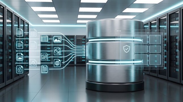 Secure cloud migration showing multiple digital files streaming into metallic enterprise storage database in server room