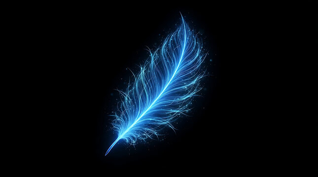 Glowing blue feather on black background