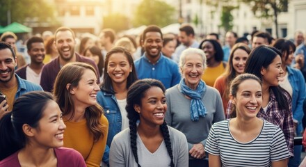Obraz premium Diverse group of happy people smiling outdoors in warm sunlight during community event