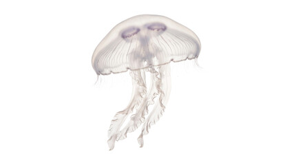 White translucent jellyfish swimming downward with long flowing oral arms and tentacles. © Png ProTeam