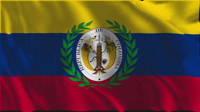 Flag of Gran Colombia waving slowly in the foreground.