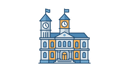 Naklejka premium Illustration of a classic historic town hall building with twin clock towers.