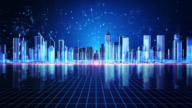 Modern virtual skyline glowing architecture, geometric grid digital signals. digital twins, smart mobility, enterprise 19, urban monitoring, cloud services, sustainable planning and innovation