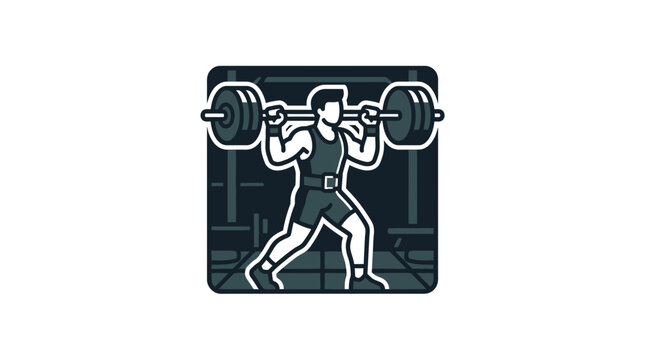 Illustration of a focused male weightlifter performing a heavy barbell back squat in a gym.