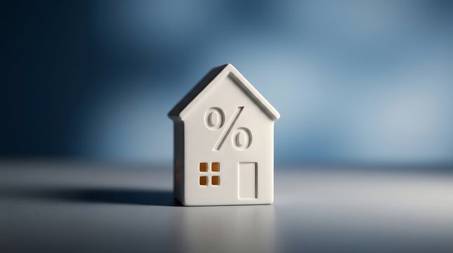 Small white house model with a percentage sign representing mortgage interest rates