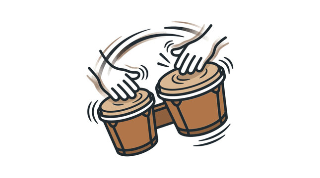 Illustration of hands playing rhythmic bongo drums in a cartoon style.