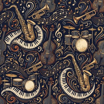 Musical instruments set with piano saxophone drums and trumpet in black and white sketch style