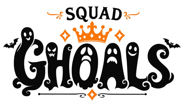 Squad ghoals halloween typography featuring cute ghosts and orange crown halloween typography seasonal illustration celebration tradition lettering