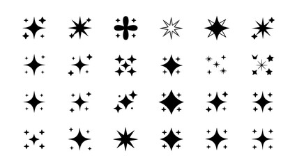 Fototapeta premium A collection of various star shapes and sparkles in black and white perfect for graphic design elements and creative projects on a transparent background