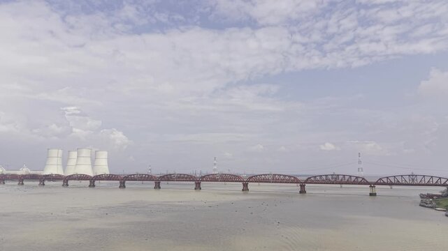 Aerial View of Lalon Shah Bridge and Rooppur Nuclear Power Plant in Bangladesh