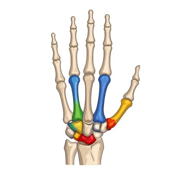 Colorful wooden hand model with raised fingers.