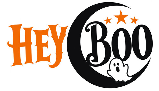 Hey boo halloween vector design with ghost and crescent moon typography halloween illustration creature crescent astronomy celebration greeting