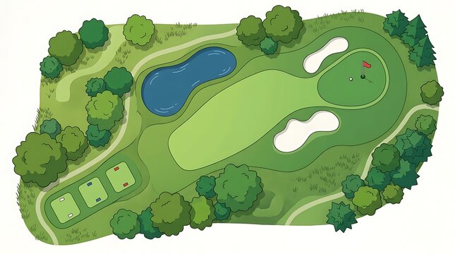 Overhead illustration showing a scenic green golf course layout with sand traps and water hazards