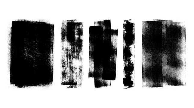 Rolled ink stamp textures and black paint strokes set. Grungy rough stamp imprints and distressed abstract lines and uneven dry brush overlays isolated on transparent background. Vector illustration