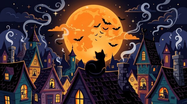 A black cat sitting on a rooftop under a large full moon in a spooky halloween village at night with bats flying in the sky