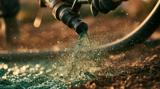 Hydroseeding equipment spraying green slurry fertilizer mix onto bare soil close up lawn planting hydro seeding erosion control technology agricultural field spraying macro photo