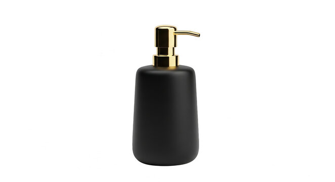 Black soap dispenser with a luxury gold pump head isolated on transparent background