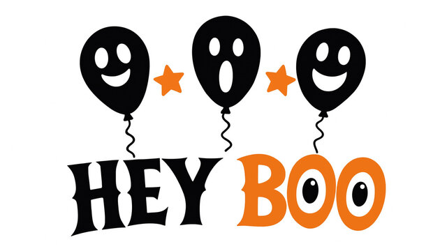 Hey boo halloween quote design featuring round ghost balloons with eyes and orange star symbols halloween celebration typography lettering seasonal greeting illustration creature