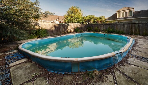 abandoned swimming pool in a residential backyard neglected outdoor area with dirty water