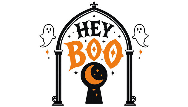 Hey boo halloween archway graphic vector illustration featuring cute ghosts and crescent moon halloween illustration celebration seasonal background greeting template decoration