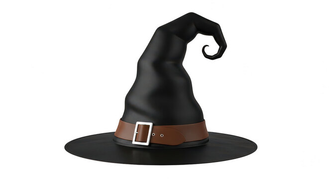 Black witch hat with a brown leather belt and silver buckle isolated on transparent background