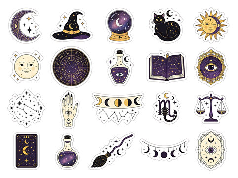 Mystical sticker collection with celestial bodies zodiac signs and magical objects on a white background