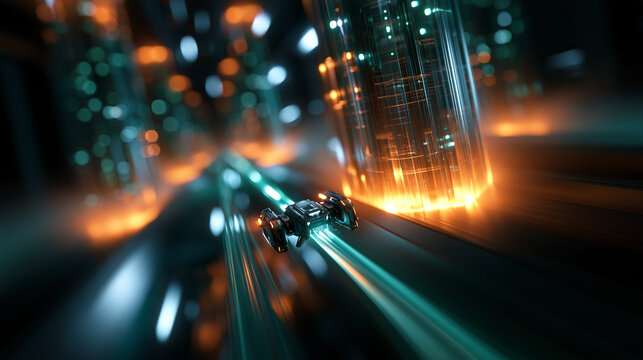 Raumschiff rast durch einen futuristischen Lichtertunnel der Stadt