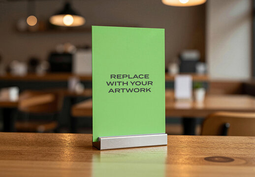 Vertical menu card mockup in a silver stand on wooden table cafe interior with warm lighting and blurred background, Template, tabletop display for restaurant branding food service promotion