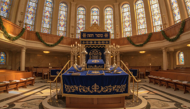 Grand synagogue interior featuring an ornate central bimah with blue velvet and gold embroidery, silver menorahs, shofars, wooden pews, and majestic tall stained-glass windows in a