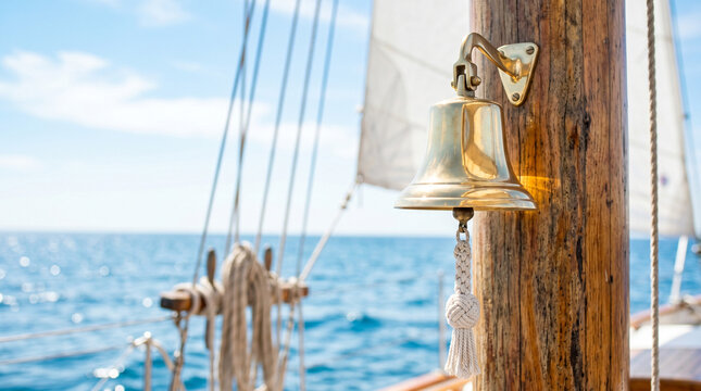 Ship bell brass polished mounted on wooden post by the ocean  