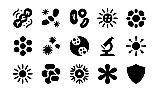 Set of black virus icons on transparent background designed for medical research and science education projects.