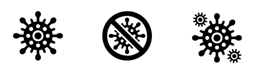 Set of black virus cell symbols with prohibited signs for clinical hygiene and medical prevention visuals.