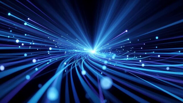 Seamless loop animation of glowing blue fiber optic lines and digital light particles streaming into a bright center data hub on a dark background in 4k resolution.