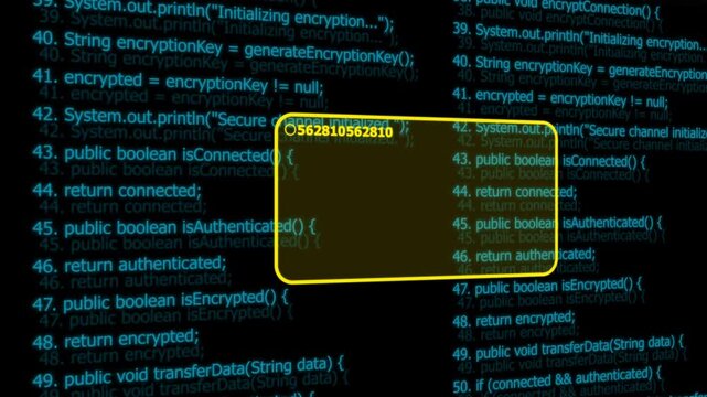 Cybersecurity data encryption process with scrolling source code and digital authentication interface