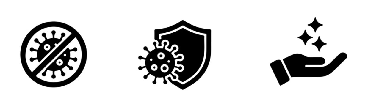 Medical protection sign icons showing forbidden virus symbol shield defense and clean hand hygiene care.