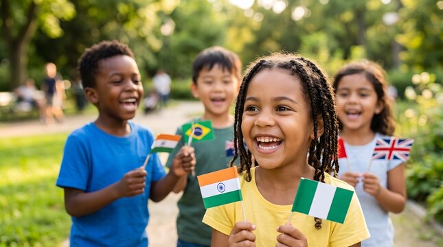 Diverse young children smiling and holding small international flags during a sunny outdoor celebration in a lush green summer park