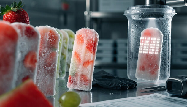 Fresh strawberry smoothie popsicles with berries in blender and ice pop molds on kitchen counter