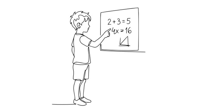 Continuous line drawing of a boy pointing at math equations on a whiteboard. Student learning mathematics concept. Minimalist vector illustration