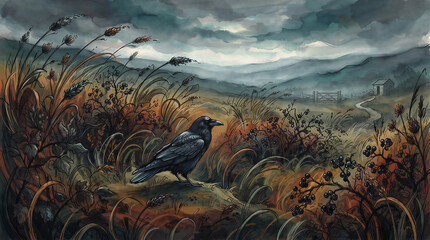 Naklejka premium Raven sitting in dry grass at gloomy meadow. Gothic autumn landscape with stormy sky. Mysterious dark bird in wild nature. Halloween seasonal illustration for book cover and art poster.