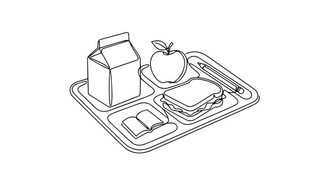 Continuous line art of a school lunch tray. Minimalist healthy meal and education concept. Vector illustration isolated on white background