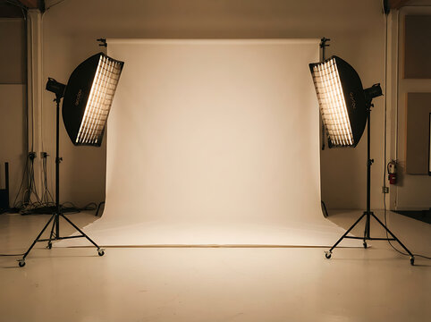 Professional photo studio setup with white backdrop and softbox lighting equipment