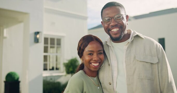 Happy couple, face and hug at house, backyard and bonding with partner on weekend or love connection. Black people, home and laughing with spouse on break, support and embrace with loyalty and care