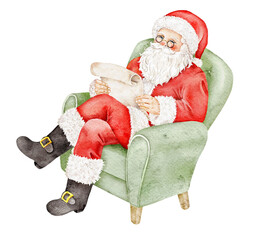 Watercolor Christmas illustration of Santa Claus sitting in a green armchair and reading a scroll, suitable for greeting cards, children's stationery, nursery decor, posters and crafts.