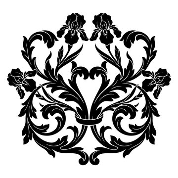 Ornate black and white floral damask pattern featuring four iris flowers with intricate swirling leaves and scrollwork on white background