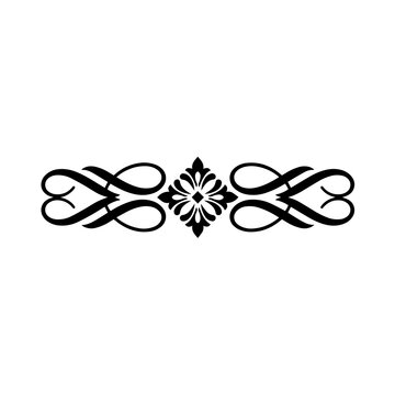 Minimalist black and white horizontal scroll ornament with a central diamond shaped floral motif and symmetrical swirls on white background