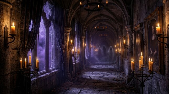 Haunted gothic castle hallway with flickering candles, mysterious ghosts, and purple misty windows at night