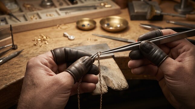 Macro view of a jeweler repairing a delicate gold chain with precision tools in a professional workshop.