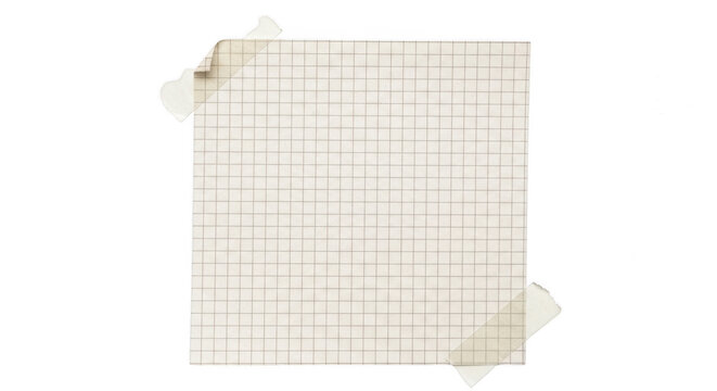 Square paper note with grid lines and adhesive tape isolated on transparent background